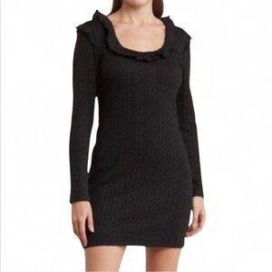 19 Cooper Mini Bodycon Cable Knit Dress Long Sleeve Ruffled Neck Black Sz XSmall